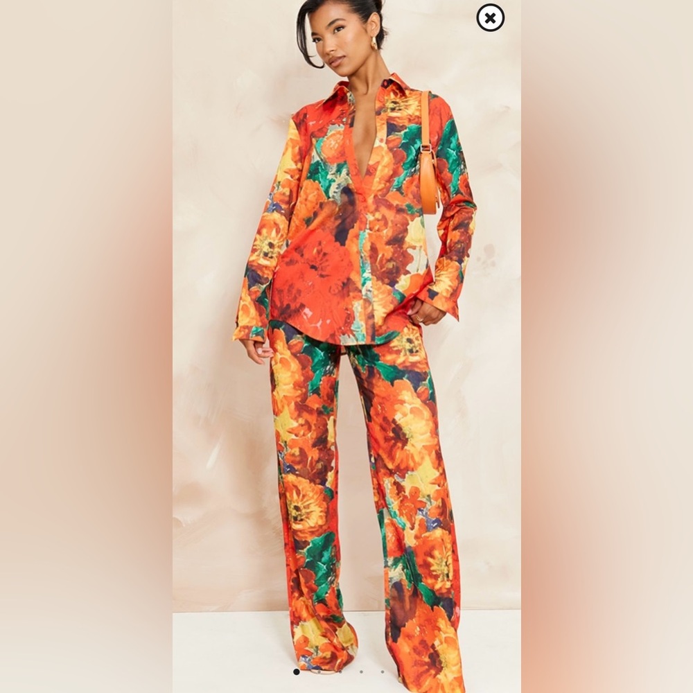 Red floral printed wide leg pant set